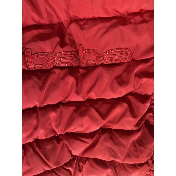 BEBE Red Hooded Puffer Jacket Coat Women L Faux Fur Short Rhinestone - Picture 10 of 16